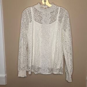 Cable & Gauge Women’s Long Sleeve High Neck Lace Blouse Size Large White